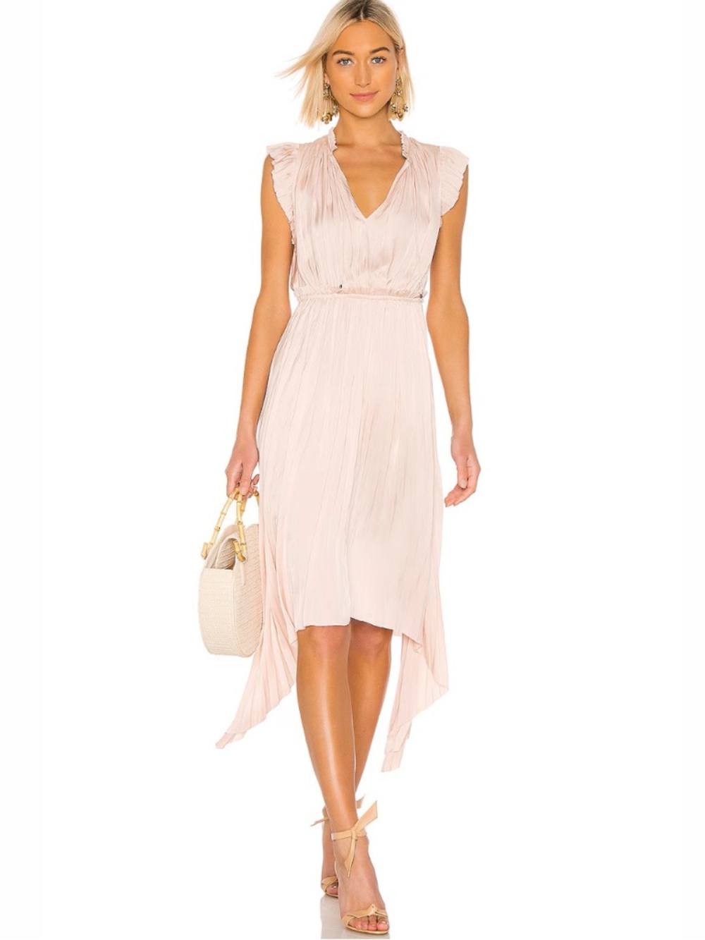 Ulla Johnson Senna Midi Dress Peony Blush Pink Satin Pleated - Size 0